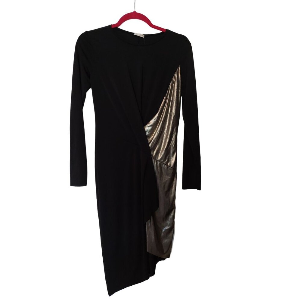 Zara Black Long-Sleeve Dress With Metallic Gold Accent